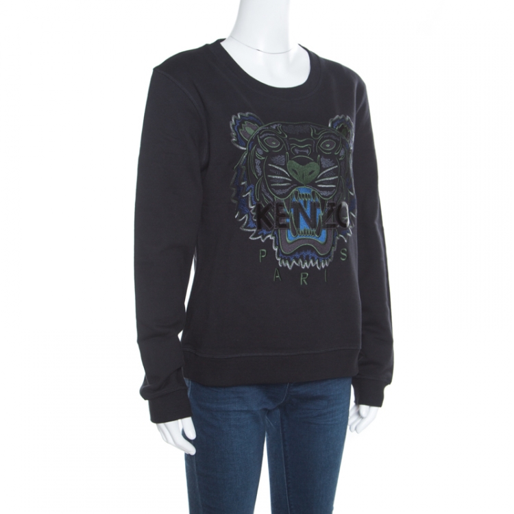 Pre Owned Kenzo Black Embroidered Applique Detail Tiger Motif Sweatshirt L