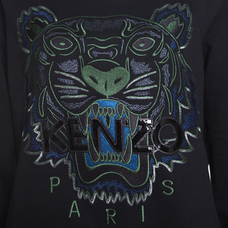 Pre Owned Kenzo Black Embroidered Applique Detail Tiger Motif Sweatshirt L