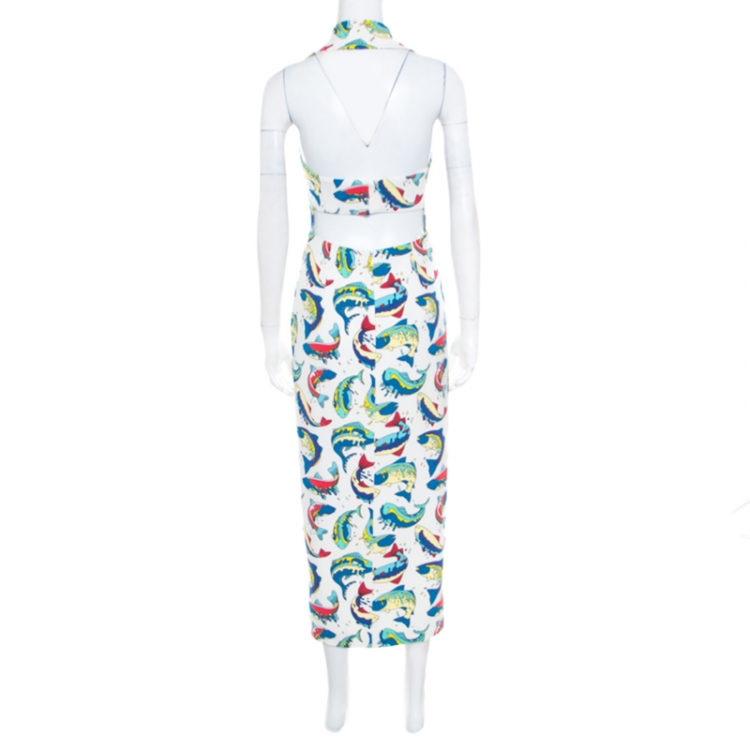 Pre Owned Kenzo White Fish Printed Techno Crepe Cutout Detail Halter Midi Dress S