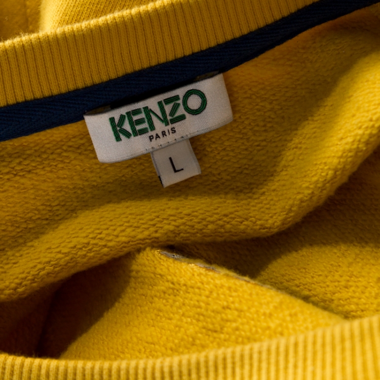 Pre Owned Kenzo Yellow Embroidered Tiger Motif Crew Neck Sweatshirt L