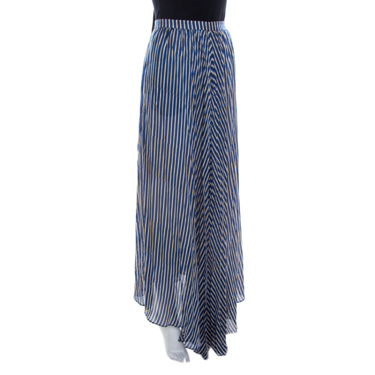 Pre Owned Kenzo Blue and Yellow Striped Silk Asymmetric Hem Skirt M