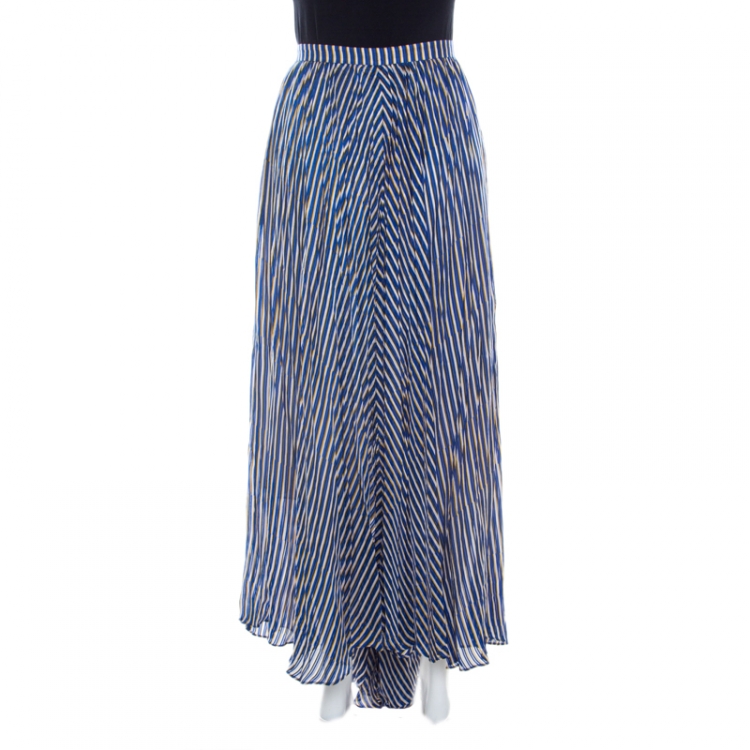 Pre Owned Kenzo Blue and Yellow Striped Silk Asymmetric Hem Skirt M