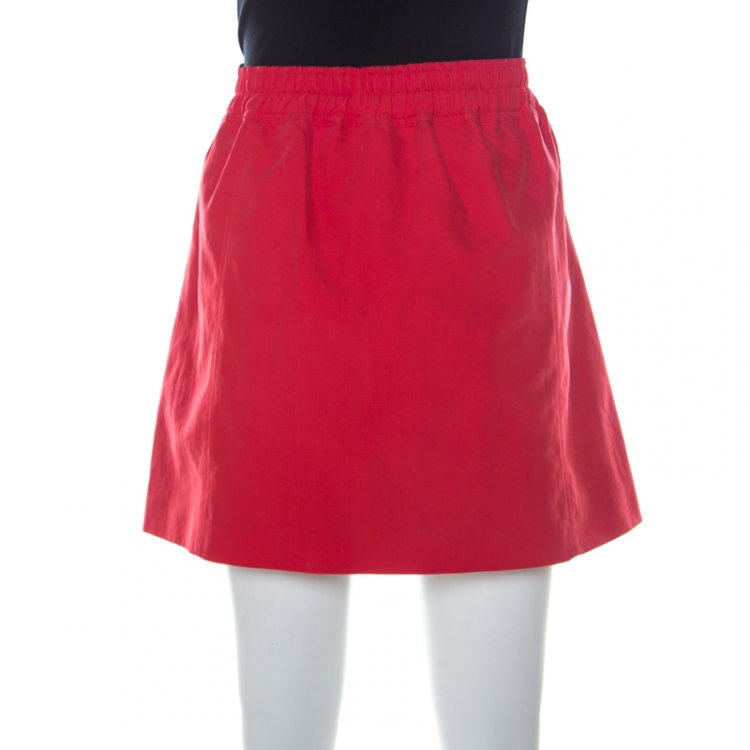Pre Owned Kenzo Red Cotton Asymmetric Zip Front Belted Cargo Skirt M