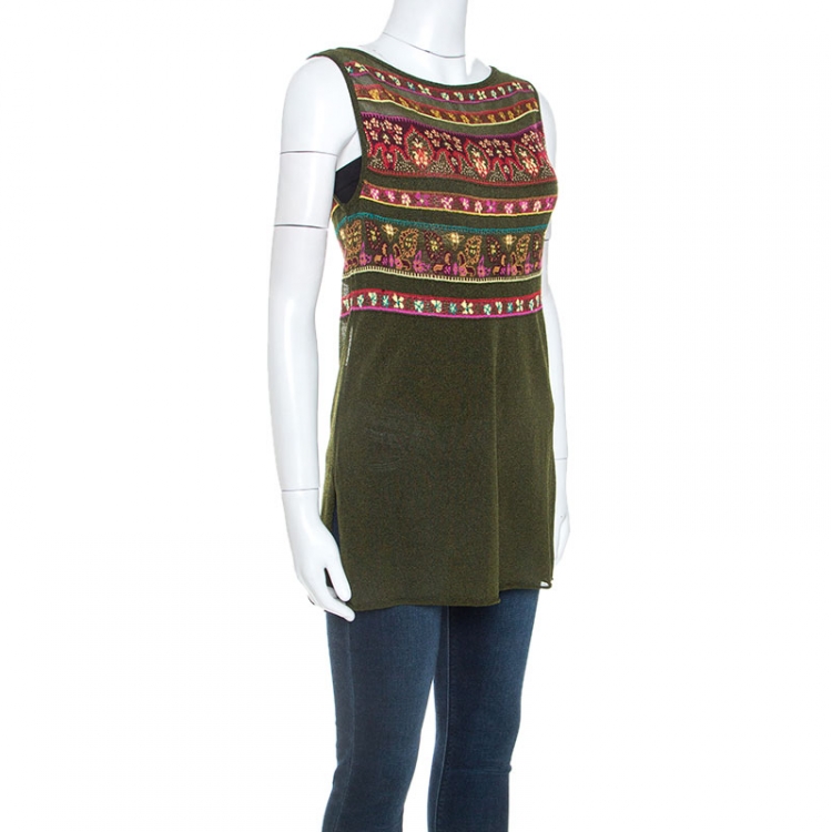 Pre Owned Kenzo Olive Green Jacquard Lurex Knit Sleeveless Tunic Top L