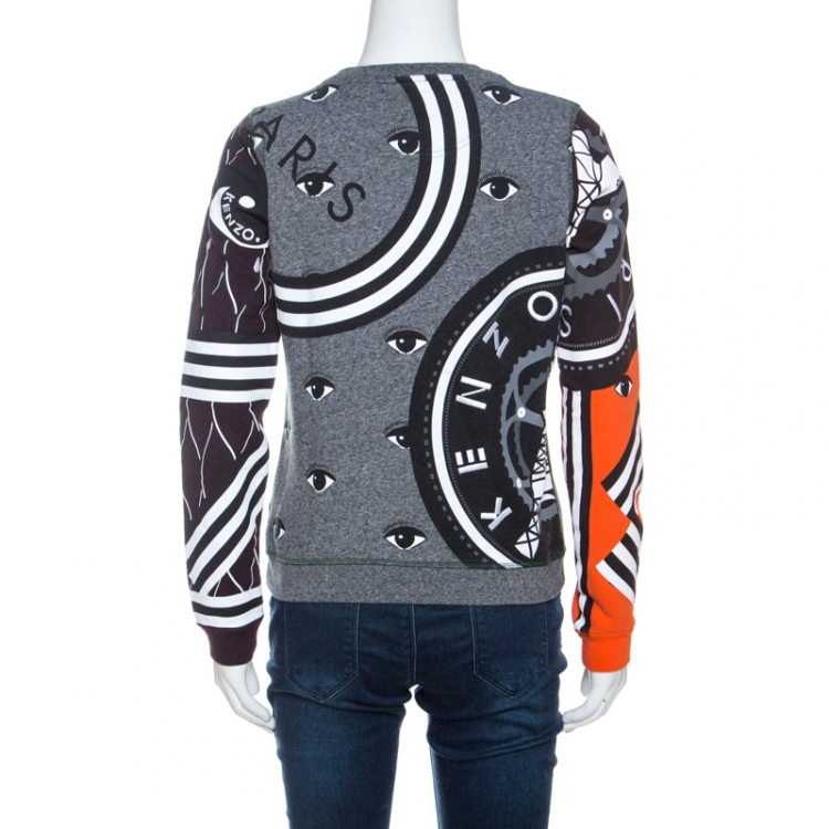 Pre Owned Kenzo Multicolor Printed & Tiger Embroidered Knit Sweatshirt S