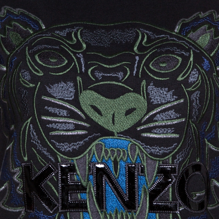 Pre Owned Kenzo Black Logo & Tiger Embroidered Cotton Sweatshirt Dress M