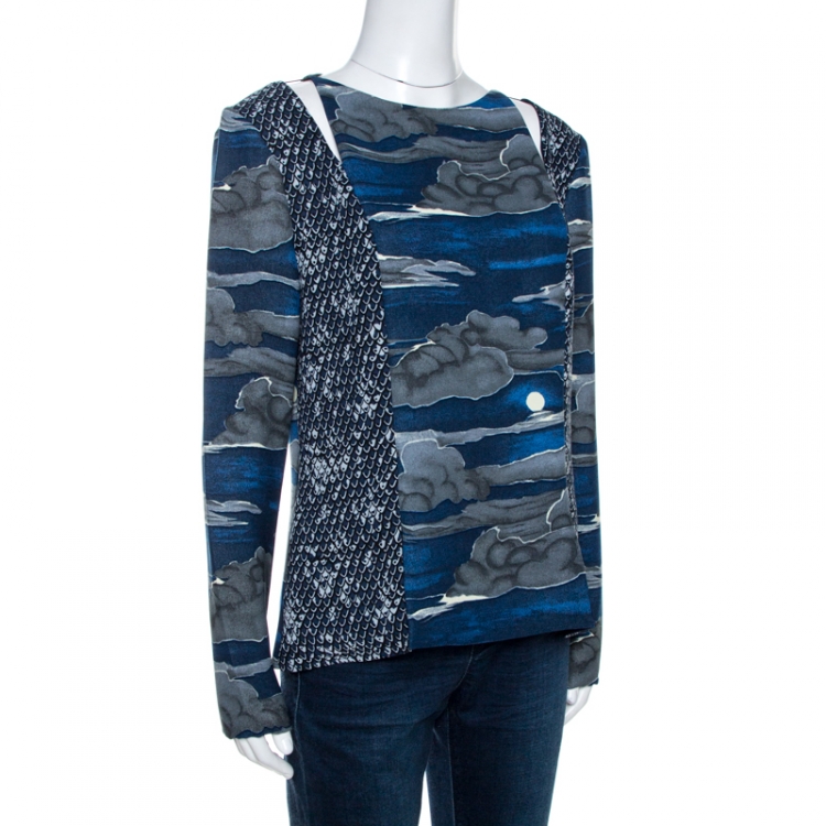 مملوكة مسبقًا Kenzo Blue Night Clouds Print Crepe Cutout Detail Blouse L