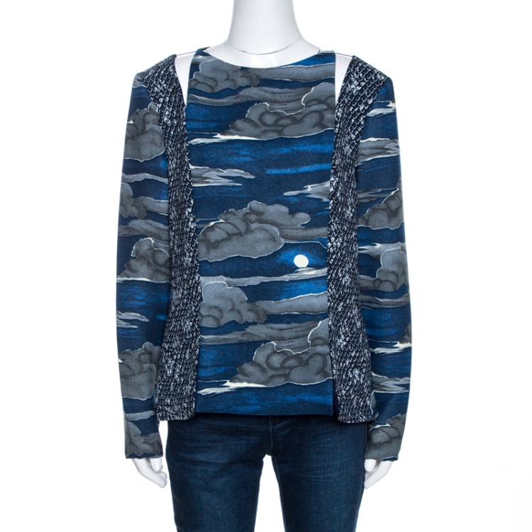 مملوكة مسبقًا Kenzo Blue Night Clouds Print Crepe Cutout Detail Blouse L