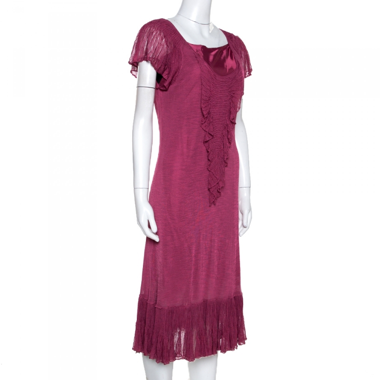 Pre Owned Kenzo Pink Knit Ruffle Detail Midi Dress L