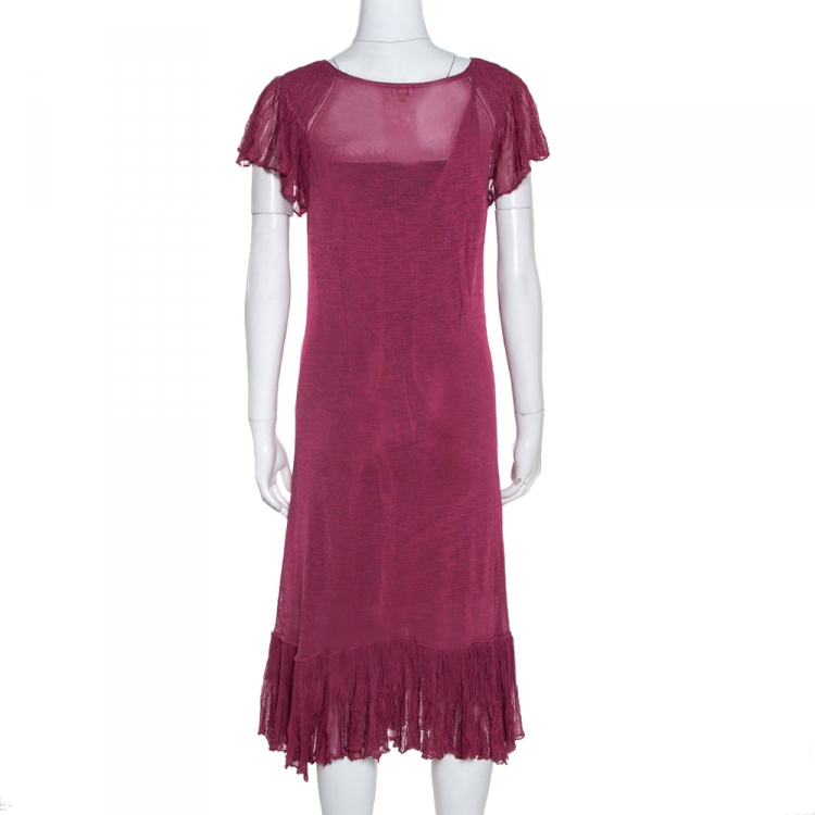 Pre Owned Kenzo Pink Knit Ruffle Detail Midi Dress L