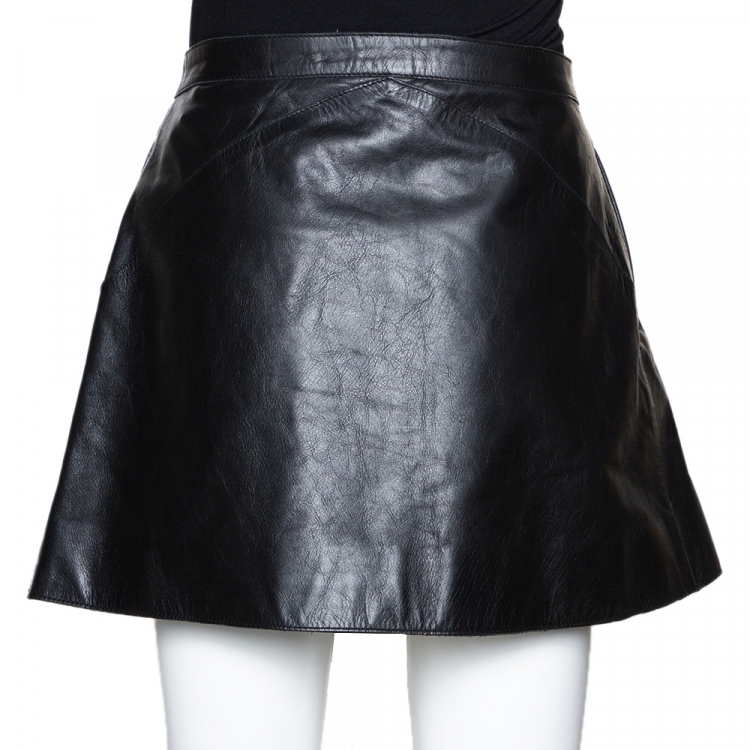 Pre Owned Kenzo Black Leather Zip Detail Mini Skirt L
