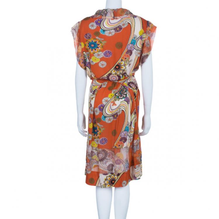 Pre Owned Kenzo Orange Abstract Floral Print Chiffon Dress L