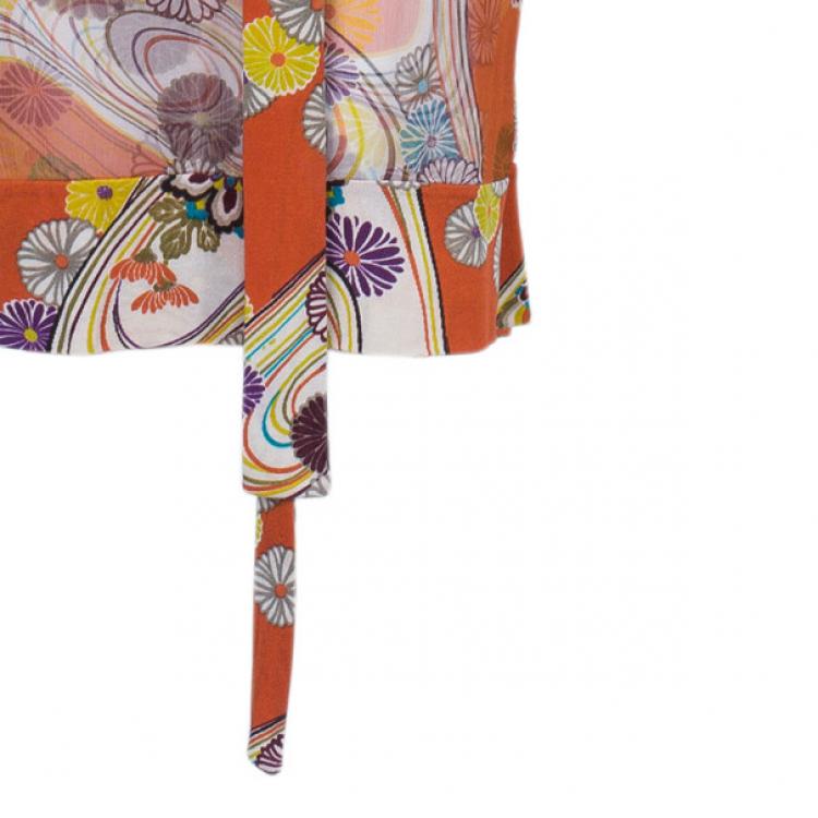 Pre Owned Kenzo Orange Abstract Floral Print Chiffon Dress L