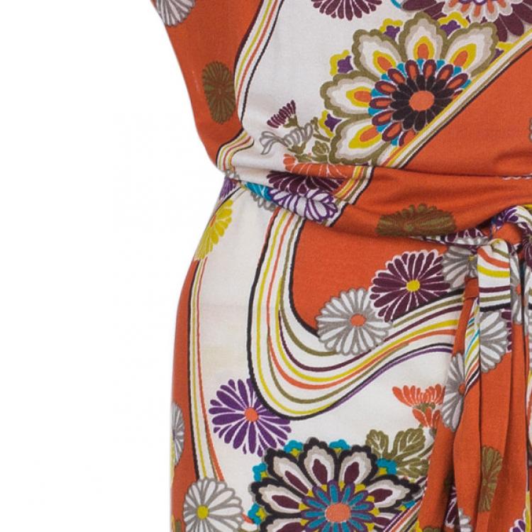 Pre Owned Kenzo Orange Abstract Floral Print Chiffon Dress L