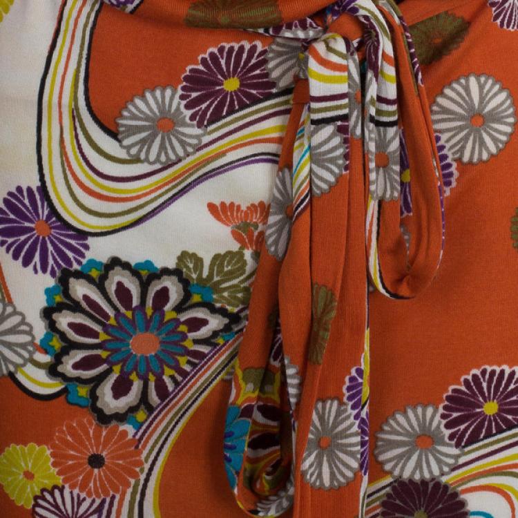 Pre Owned Kenzo Orange Abstract Floral Print Chiffon Dress L