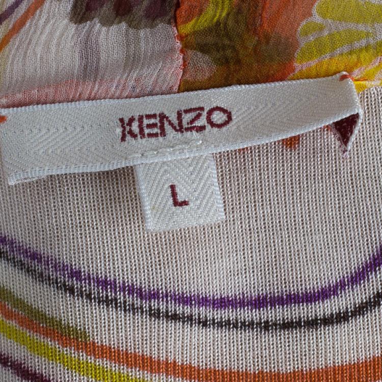 Pre Owned Kenzo Orange Abstract Floral Print Chiffon Dress L