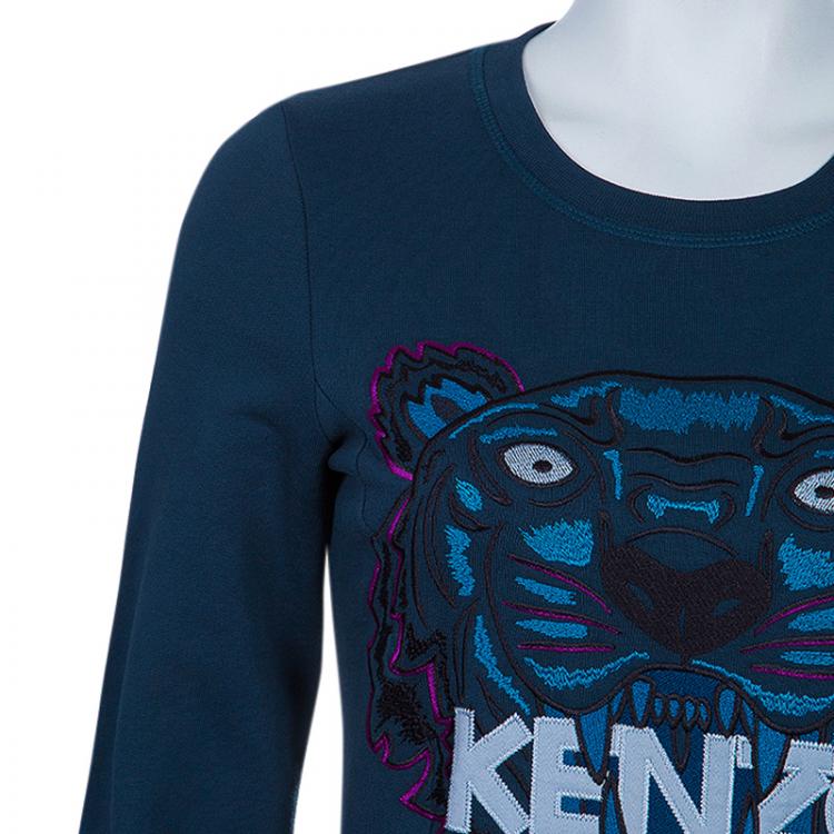 Pre Owned Kenzo Teal Tiger Embroidered Sweater Dress XS