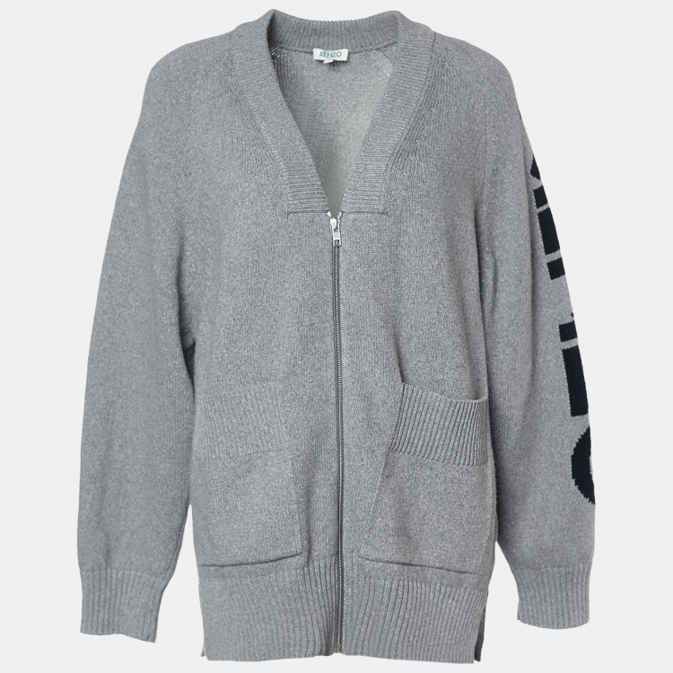 Pre Owned Kenzo Grey Logo Intarsia Knit Pocketed Zip Front Jacket S