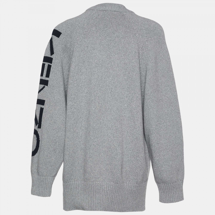 Pre Owned Kenzo Grey Logo Intarsia Knit Pocketed Zip Front Jacket S