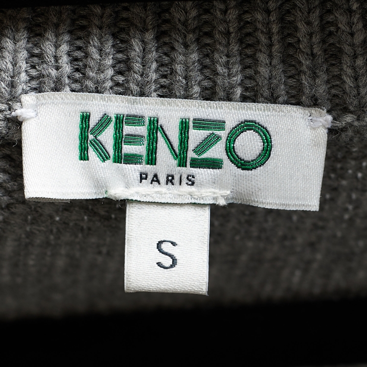 Pre Owned Kenzo Grey Logo Intarsia Knit Pocketed Zip Front Jacket S