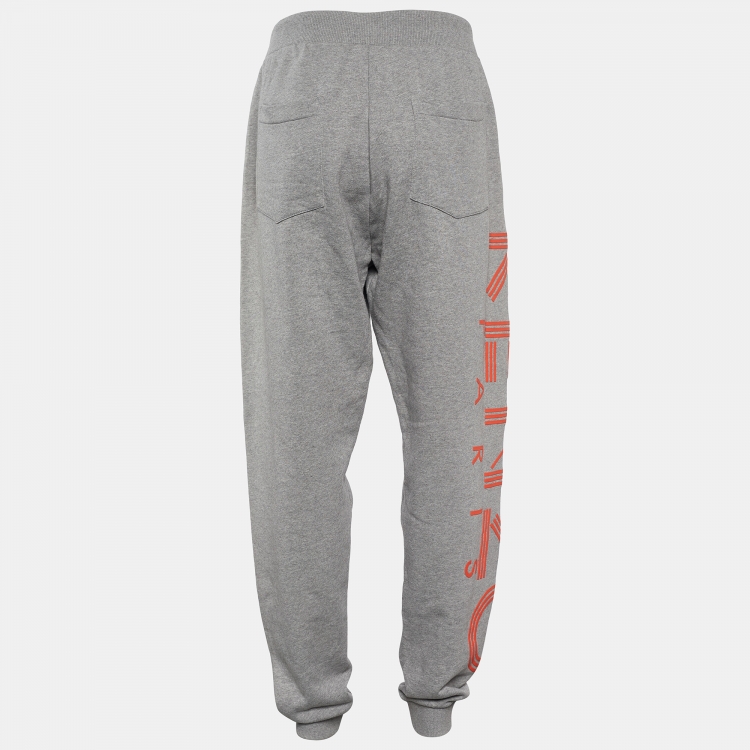 Pre Owned Kenzo Grey Rib Cotton Knit Logo Print Track Pants L