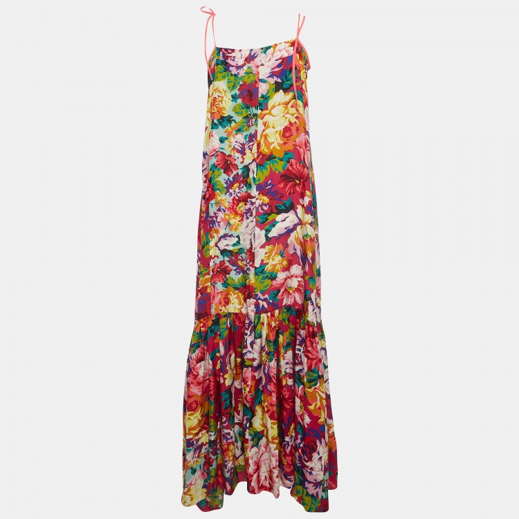 Pre Owned Kenzo Multicolor Floral Print Silk Shoulder Strap Maxi Dress M