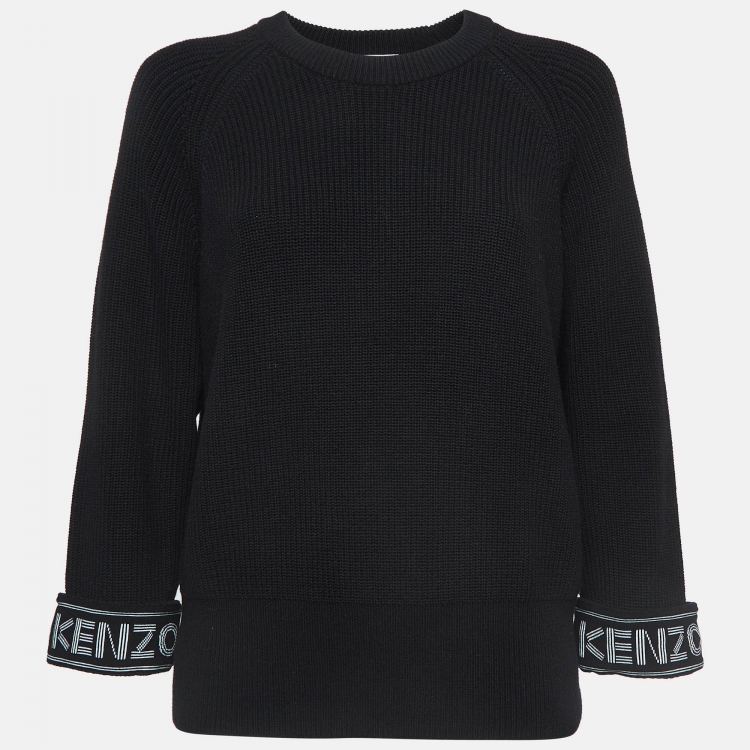 Pre Owned Kenzo Black Logo Intarsia Rib Knit Crew Neck Sweater M