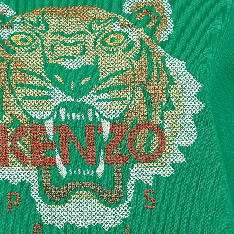 Pre Owned Kenzo Green Tiger Embroidered Cotton Crew Neck T-Shirt M