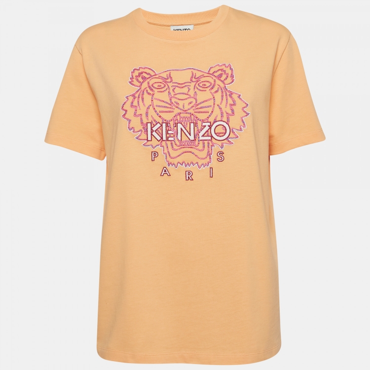 Pre Owned Kenzo Peach Pink Tiger Embroidered Cotton Crew Neck T-Shirt M