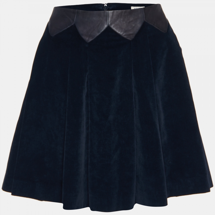 Pre Owned Kenzo Midnight Blue Checked Velvet Leather Trim Flared Skirt M