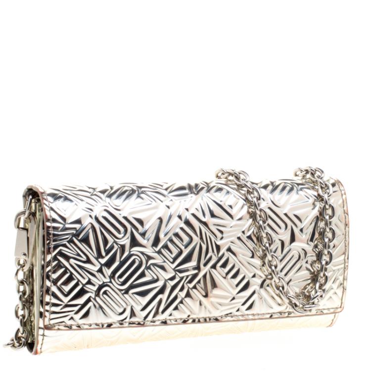 Pre Owned Kenzo Silver Mirror Embossed Leather Wallet On Chain