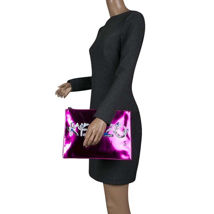 Pre Owned Kenzo Pink/Black Patent Leather and Leather Logo Printed Pouch