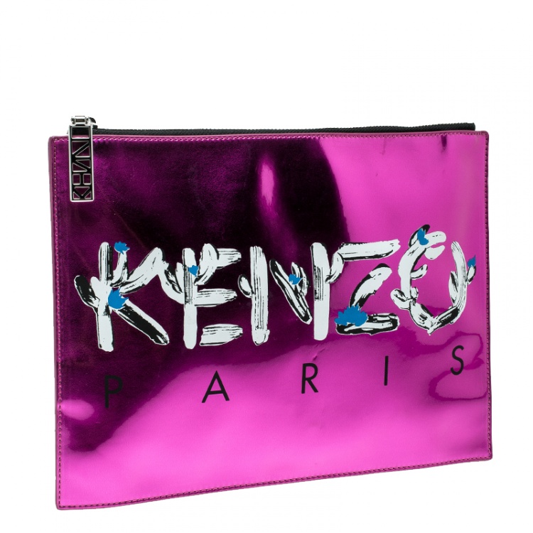 Pre Owned Kenzo Pink/Black Patent Leather and Leather Logo Printed Pouch