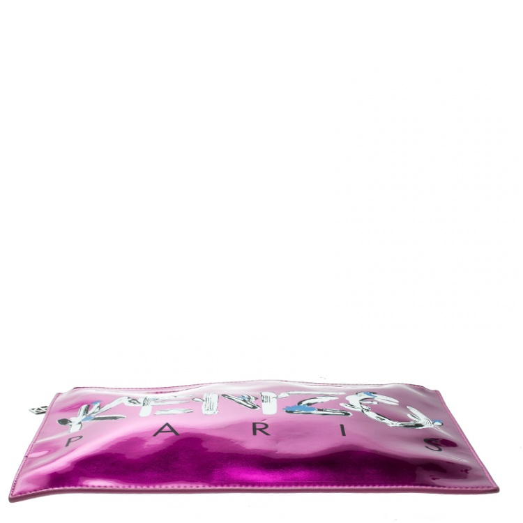 Pre Owned Kenzo Pink/Black Patent Leather and Leather Logo Printed Pouch