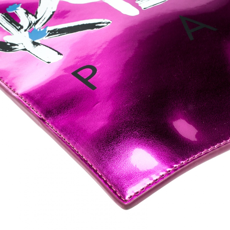 Pre Owned Kenzo Pink/Black Patent Leather and Leather Logo Printed Pouch