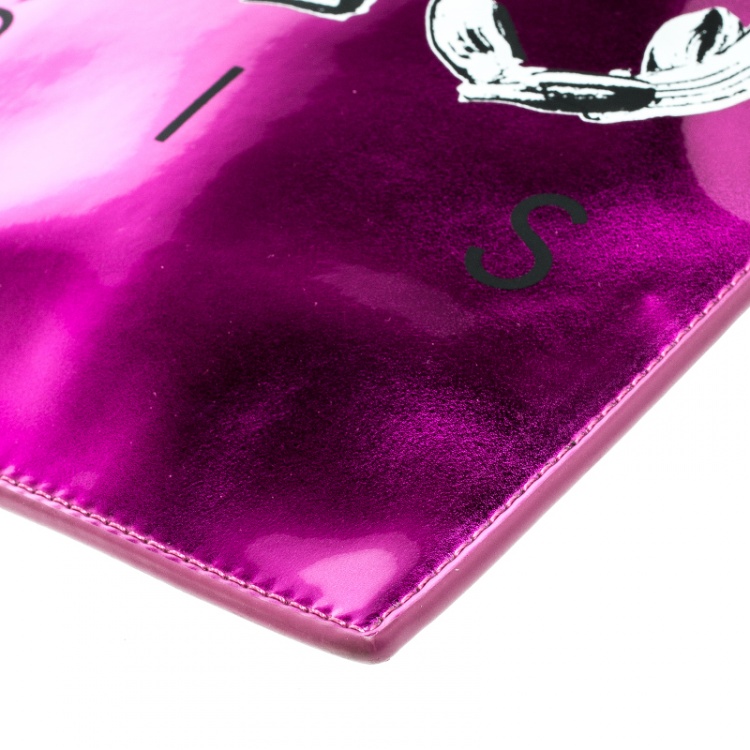 Pre Owned Kenzo Pink/Black Patent Leather and Leather Logo Printed Pouch