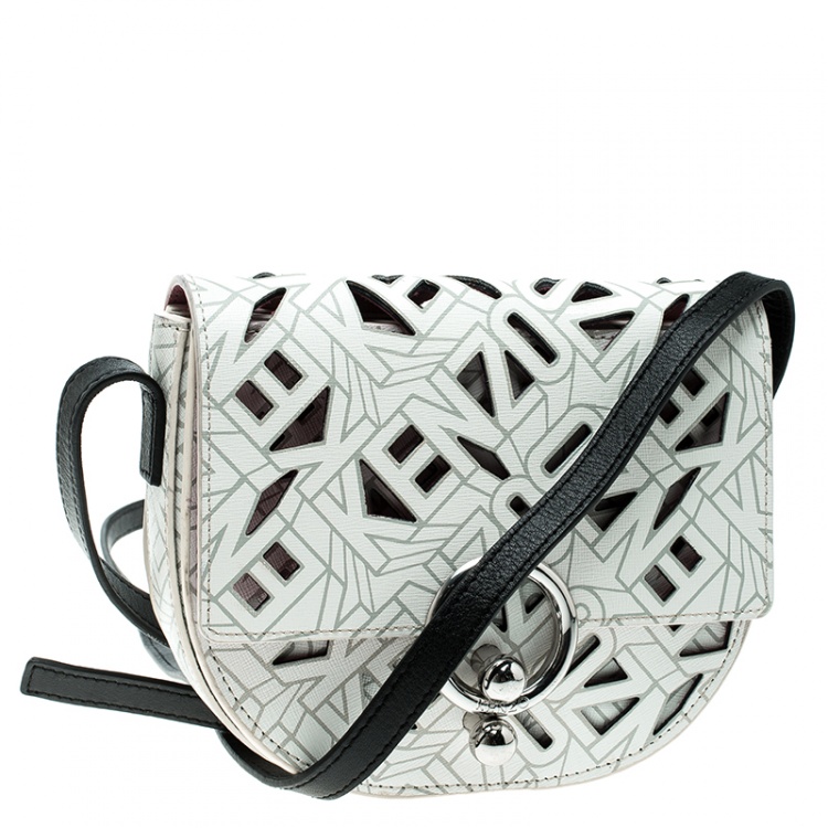 Pre Owned Kenzo White Laser Cut Leather Flying Crossbody Bag
