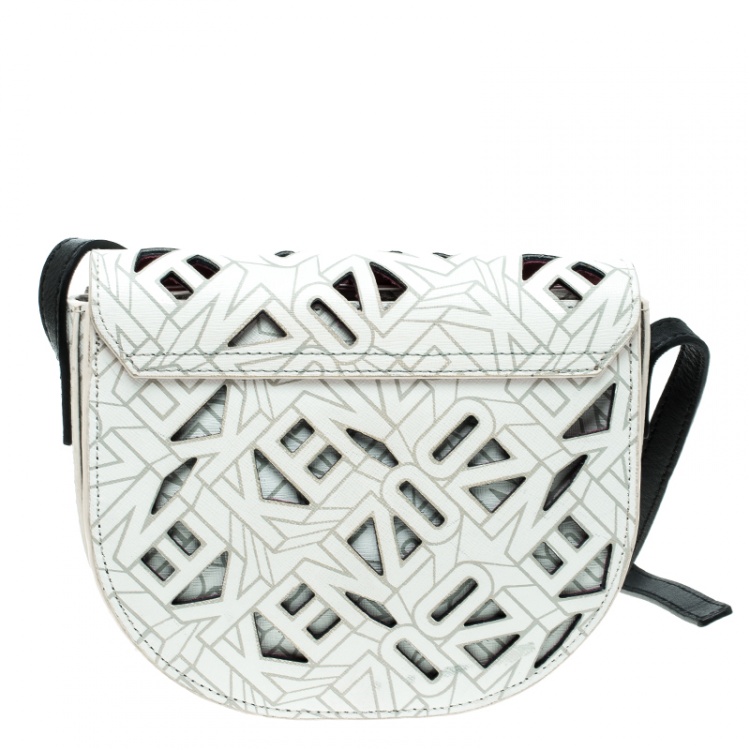 Pre Owned Kenzo White Laser Cut Leather Flying Crossbody Bag