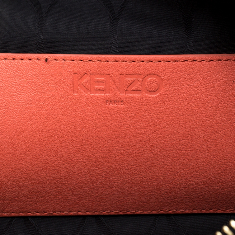 Pre Owned Kenzo Coral Orange Leather Oui & Non Clutch 