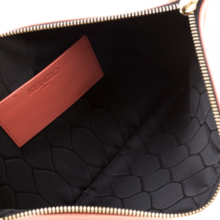 Pre Owned Kenzo Coral Orange Leather Oui & Non Clutch 