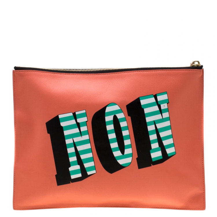 Pre Owned Kenzo Coral Orange Leather Oui & Non Clutch 