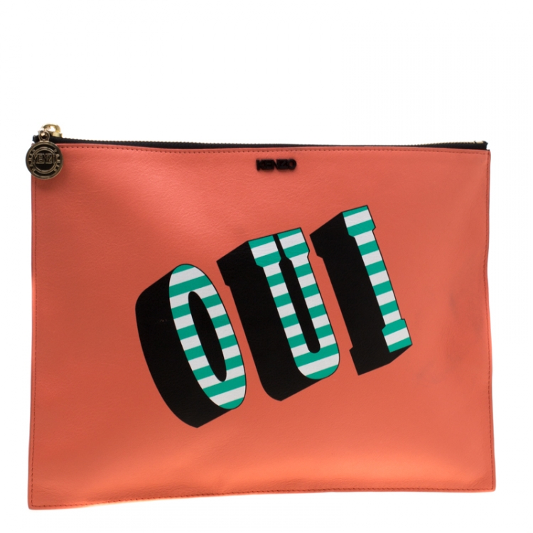 Pre Owned Kenzo Coral Orange Leather Oui & Non Clutch 