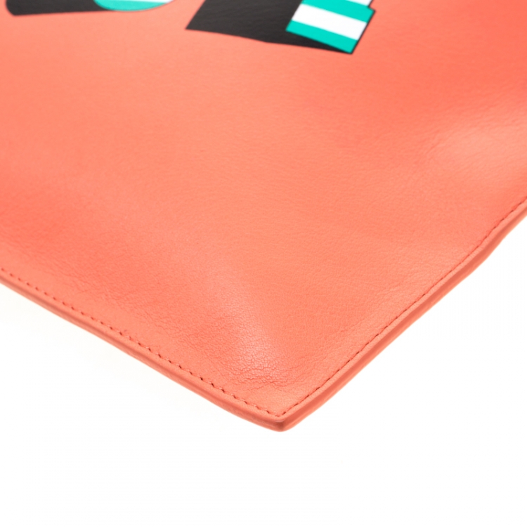 Pre Owned Kenzo Coral Orange Leather Oui & Non Clutch 