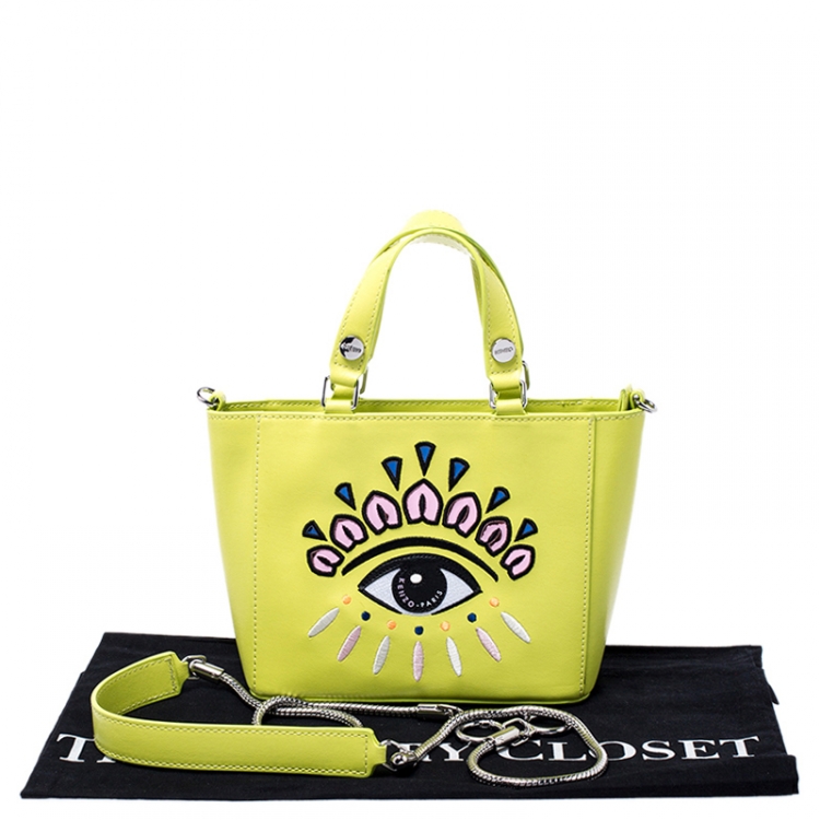 Pre Owned Kenzo Neon Green Leather Mini Eye Tote