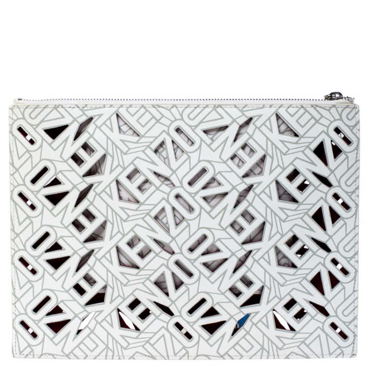 Pre Owned Kenzo White Cut Flying Leather Logo Zip Pouch