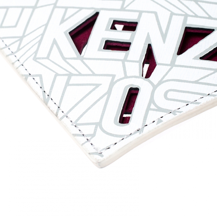 Pre Owned Kenzo White Cut Flying Leather Logo Zip Pouch