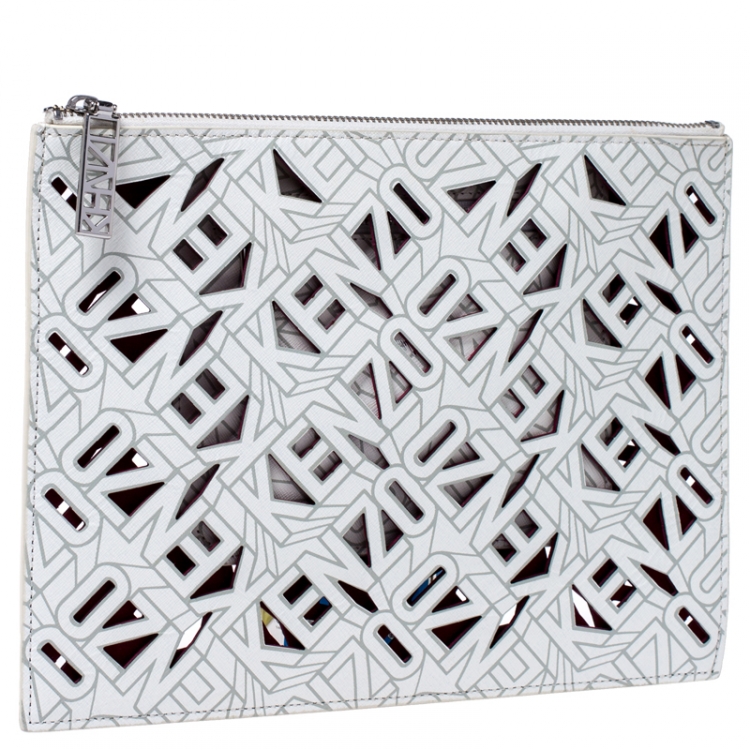 Pre Owned Kenzo White Cut Flying Leather Logo Zip Pouch
