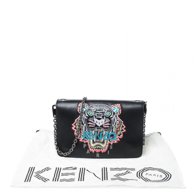 Pre Owned Kenzo Black Leather Embroidered Tiger Shoulder Bag