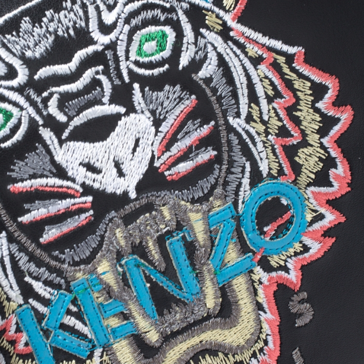 Pre Owned Kenzo Black Leather Embroidered Tiger Shoulder Bag