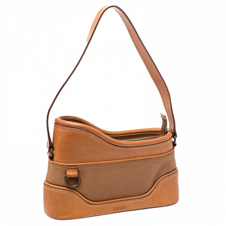 Pre Owned Kenzo Tan Leather and Canvas Bucket Bag 